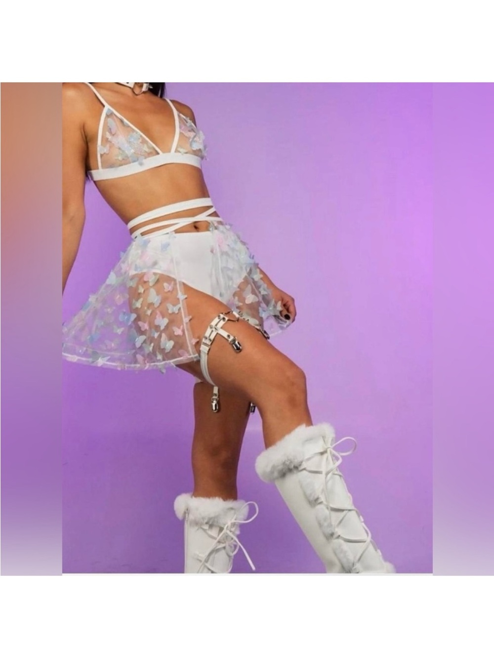 NWT Rave Wonderland White Mesh Butterfly Mini Skirt W/ Adjustable Tie Large